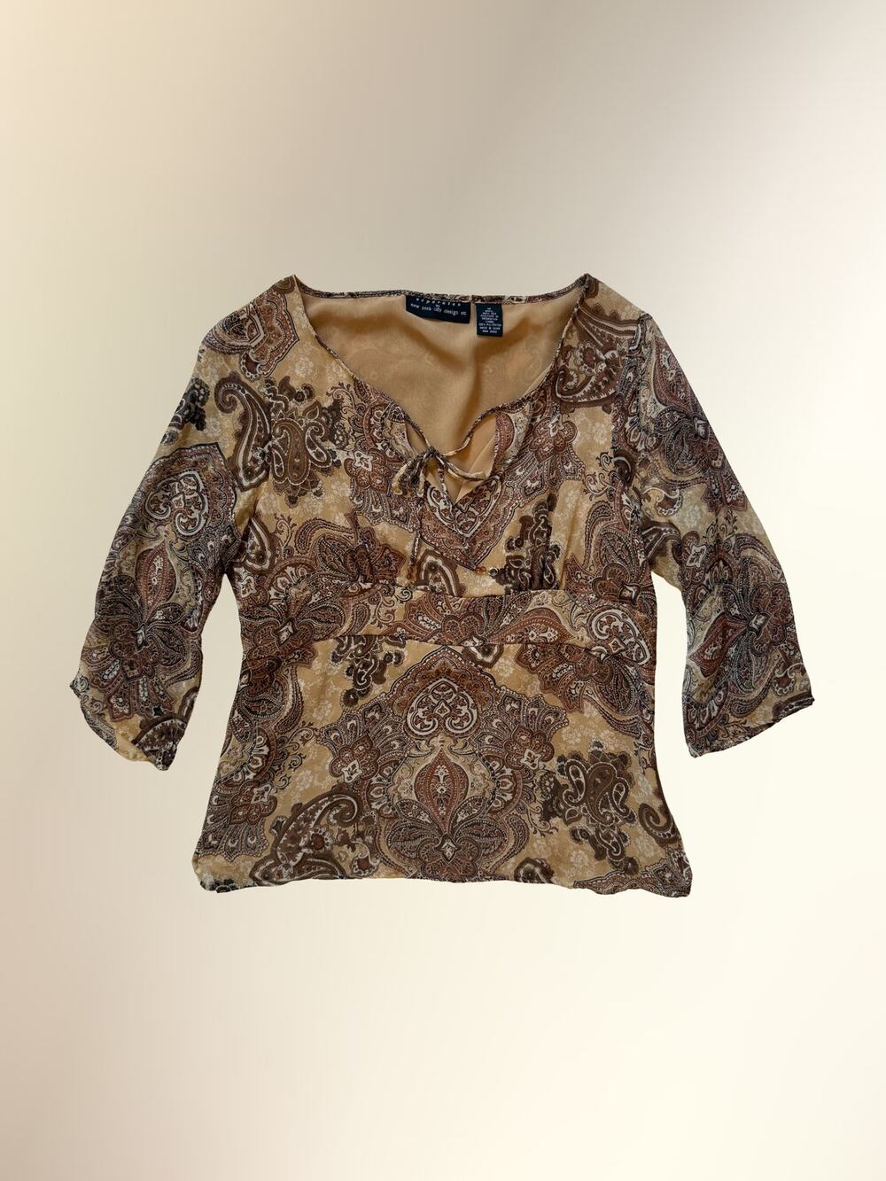 Y2K Brown Paisley Sheer Silk Tie-Neck Top 3/4 Sleeve Women's M